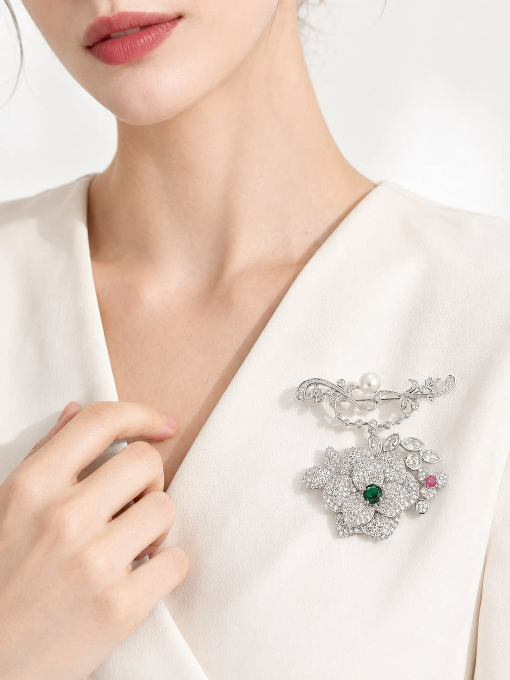 Silver Pavé Crystal Camellia Pearl Brooch