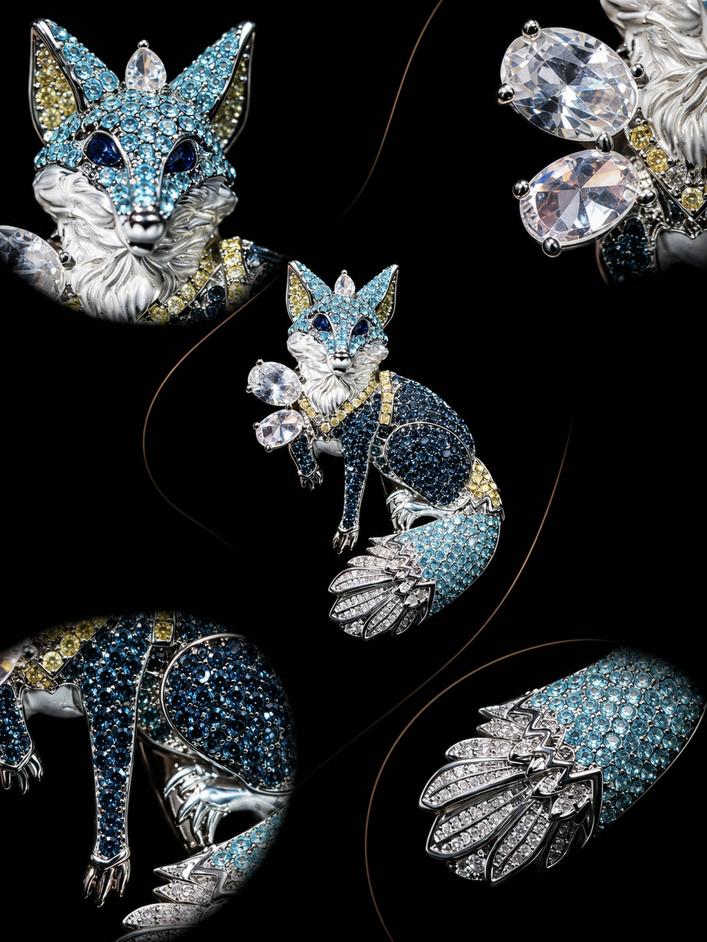 Blue Crystal Fox Brooch