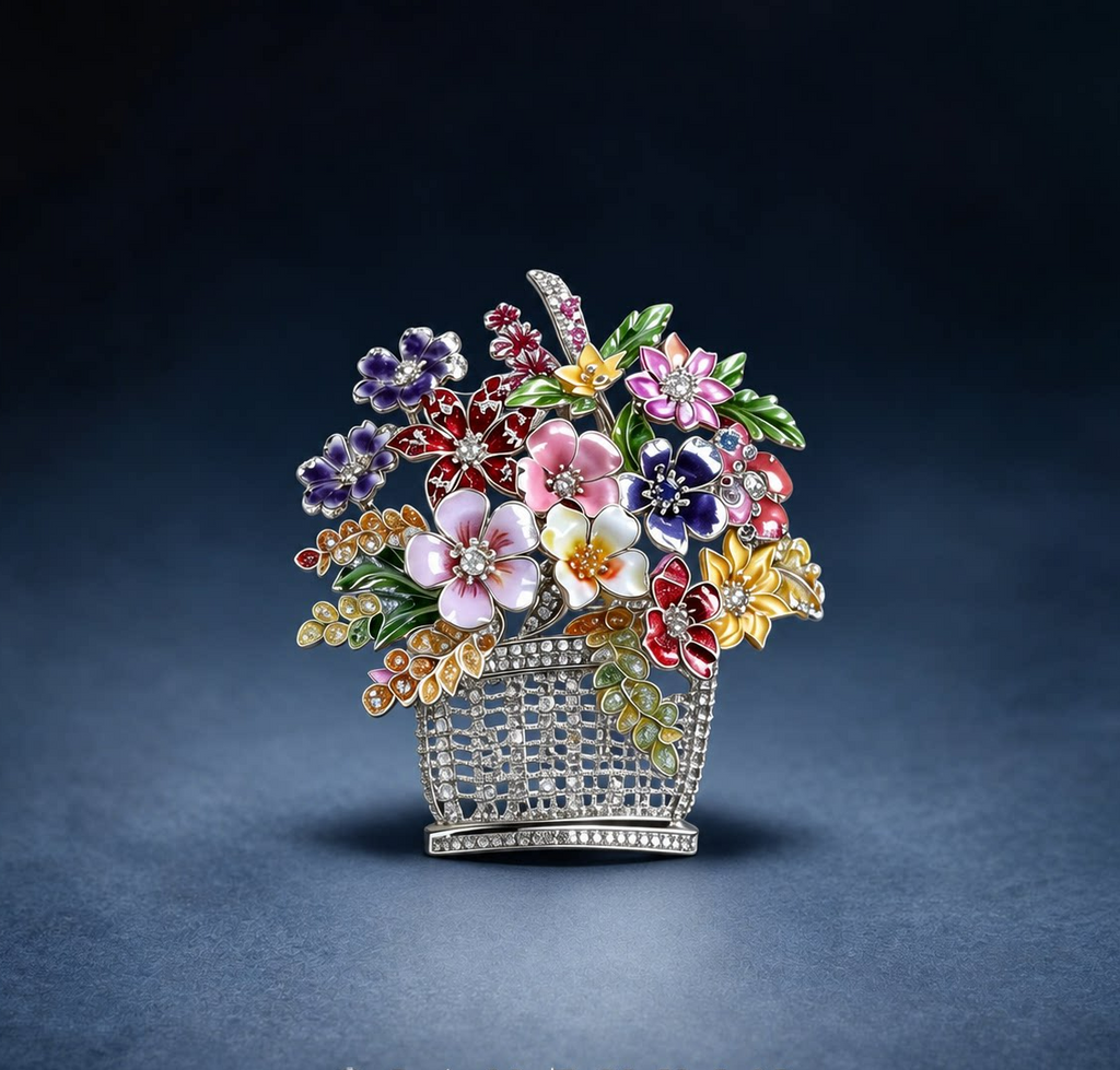Colorful Enamel Flower Basket Brooch