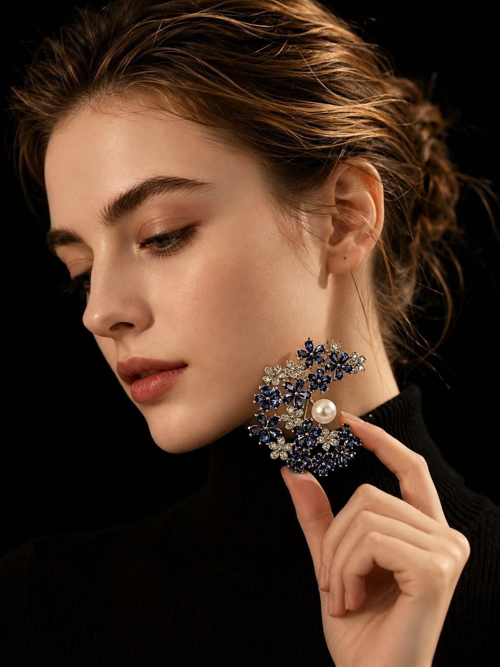 Sapphire Blue C-Shaped Flower Pearl Brooch