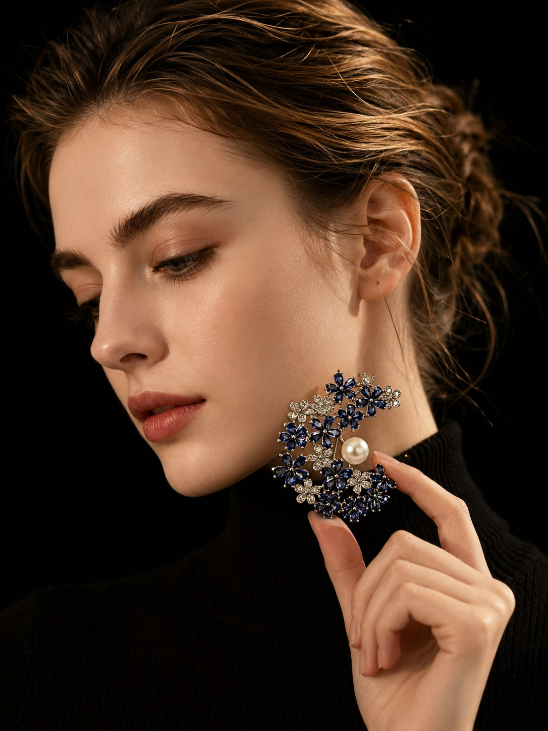 Sapphire Blue C-Shaped Flower Pearl Brooch