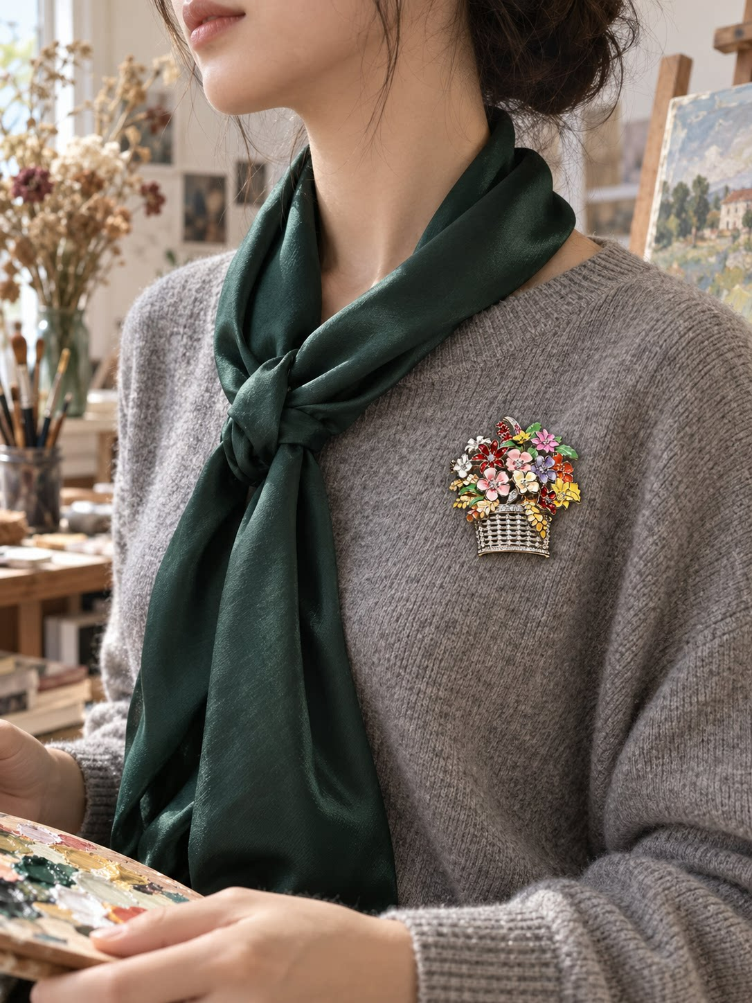 Colorful Enamel Flower Basket Brooch