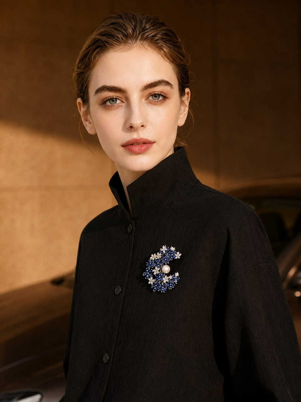 Sapphire Blue C-Shaped Flower Pearl Brooch
