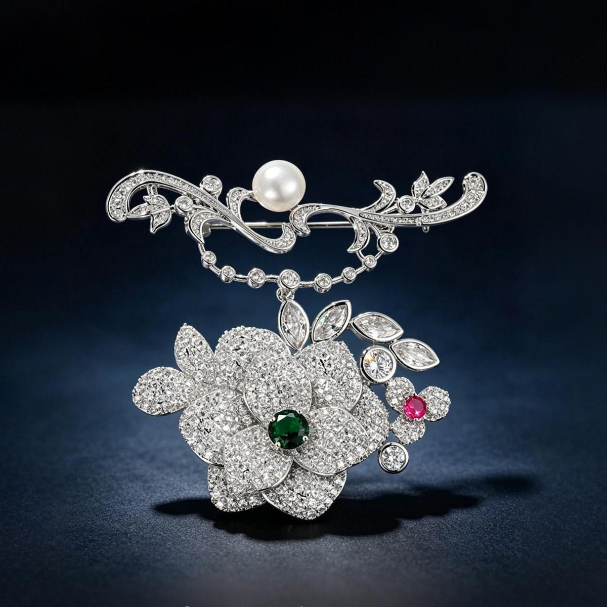 Silver Pavé Crystal Camellia Pearl Brooch