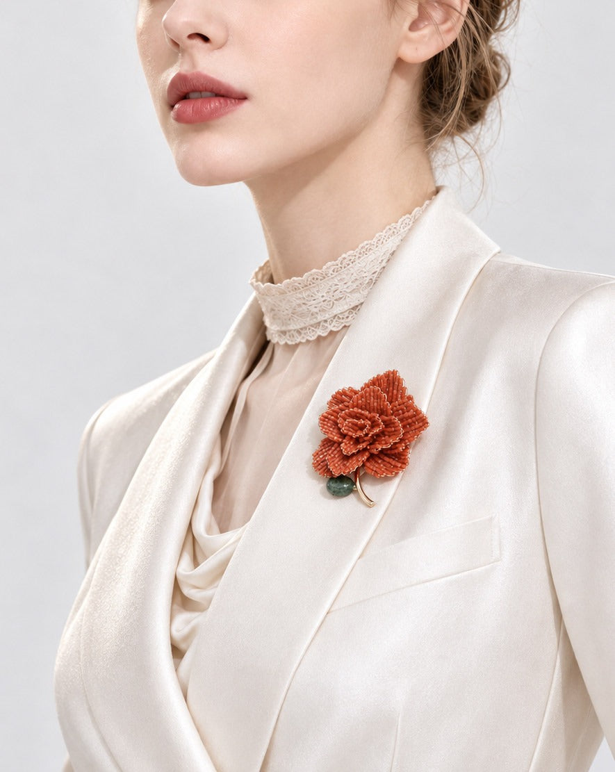 Handmade Coral Red Beaded Rose Brooch