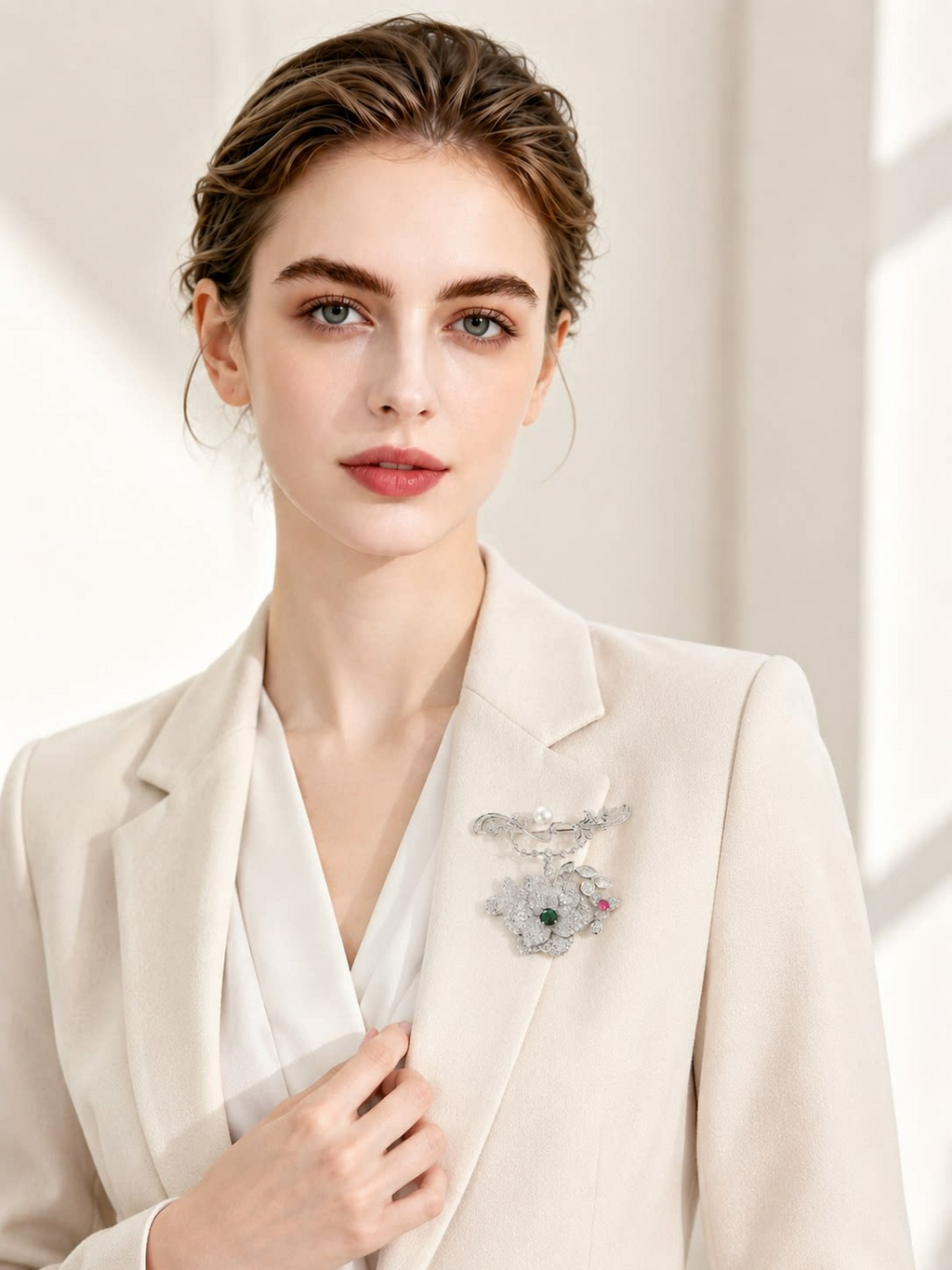 Silver Pavé Crystal Camellia Pearl Brooch