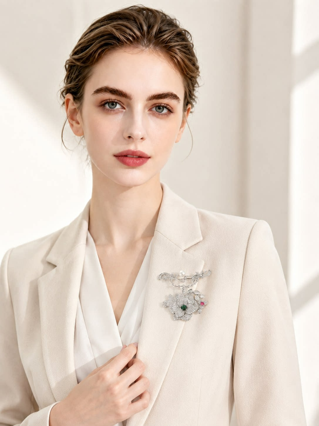 Silver Pavé Crystal Camellia Pearl Brooch