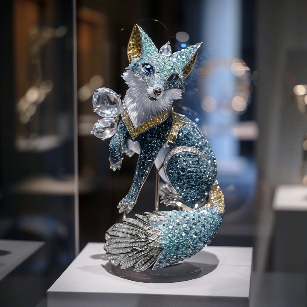 Blue Crystal Fox Brooch