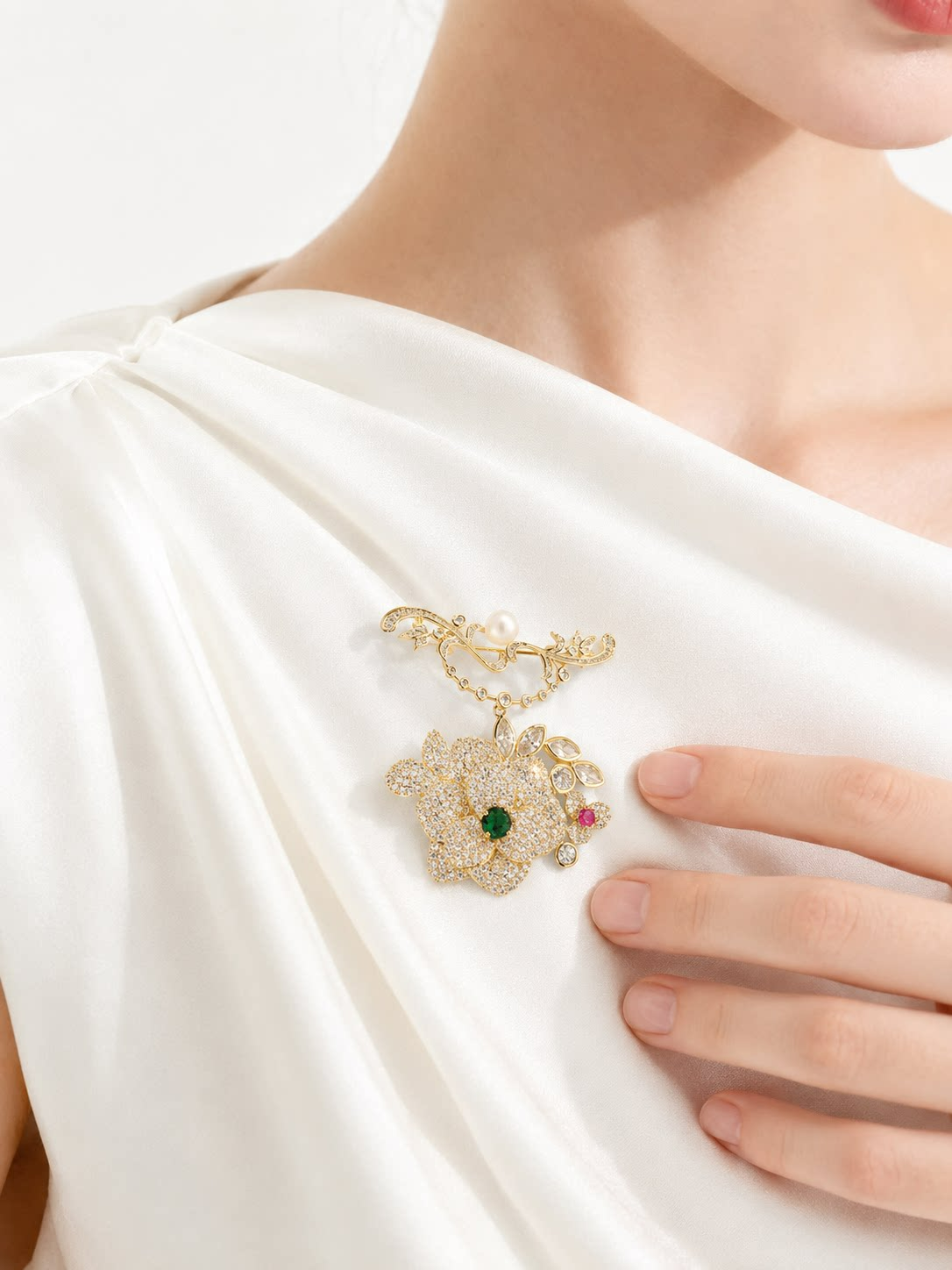 Silver Pavé Crystal Camellia Pearl Brooch