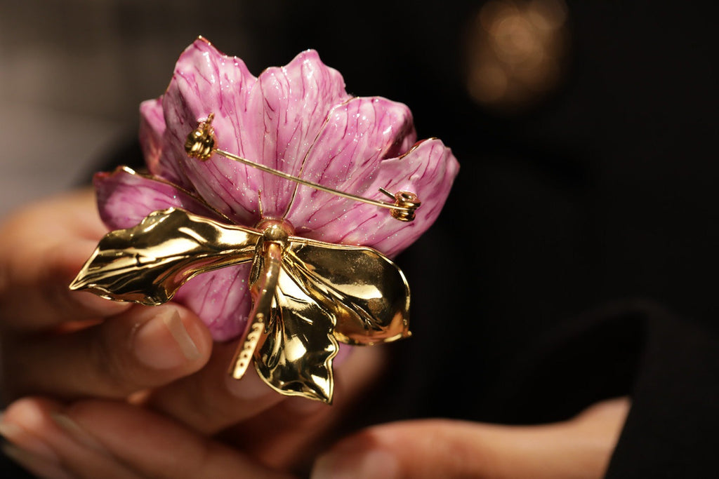 Pink Enamel Peony Brooc