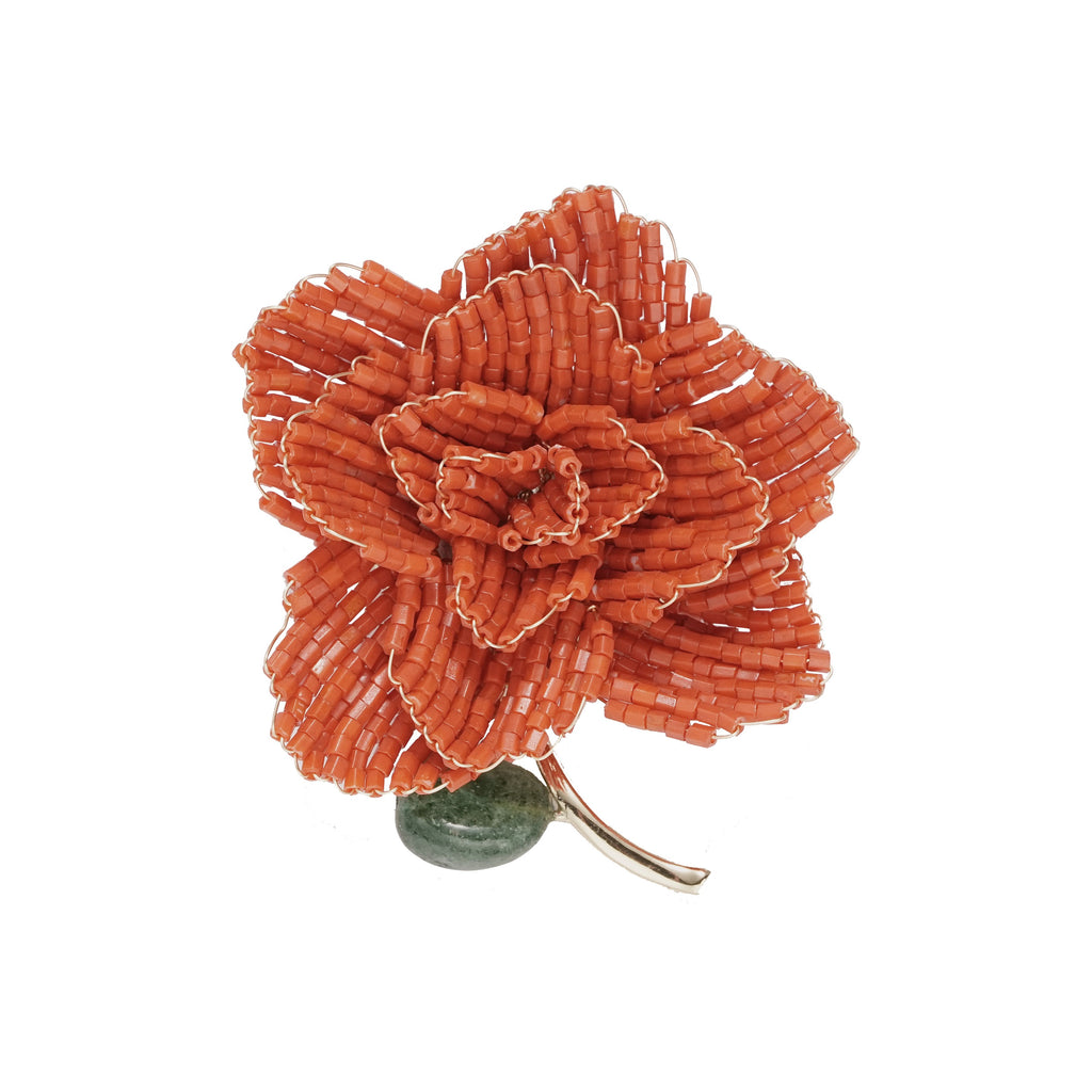 Handmade Coral Red Beaded Rose Brooch