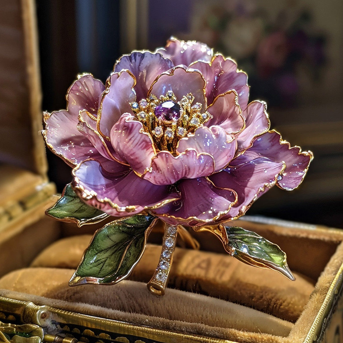 Pink Enamel Peony Brooc
