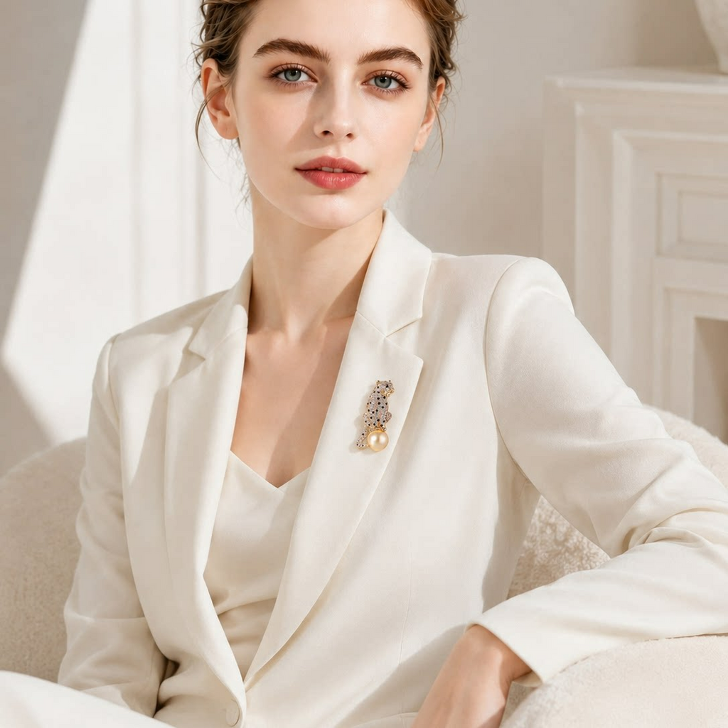 Golden Leopard Pearl Brooch