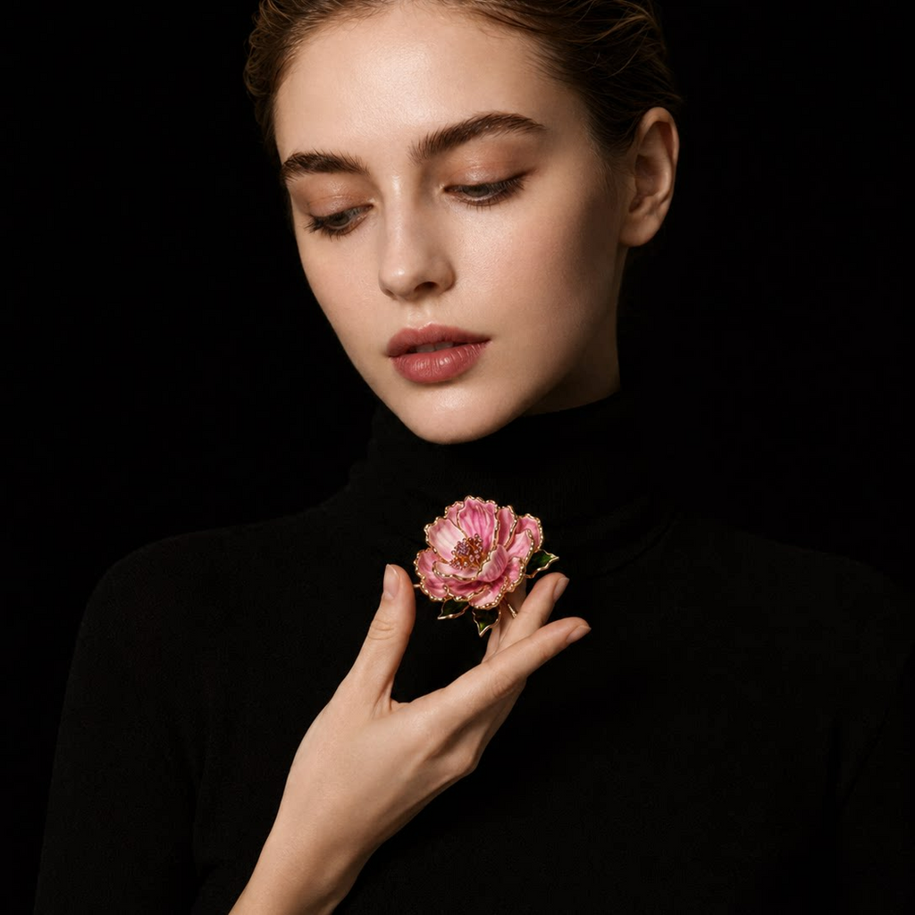Pink Enamel Peony Brooc