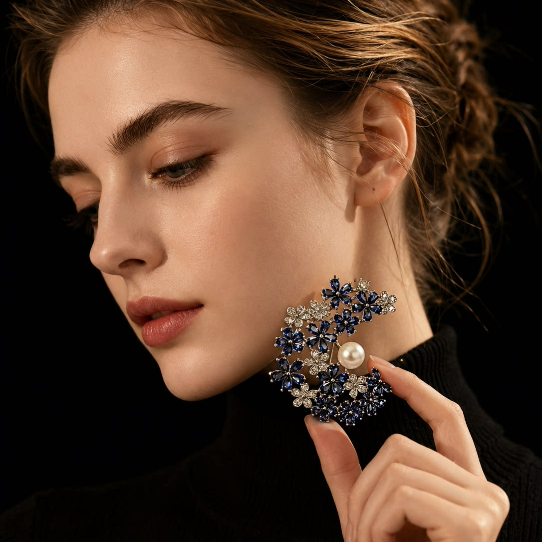 Sapphire Blue C-Shaped Flower Pearl Brooch