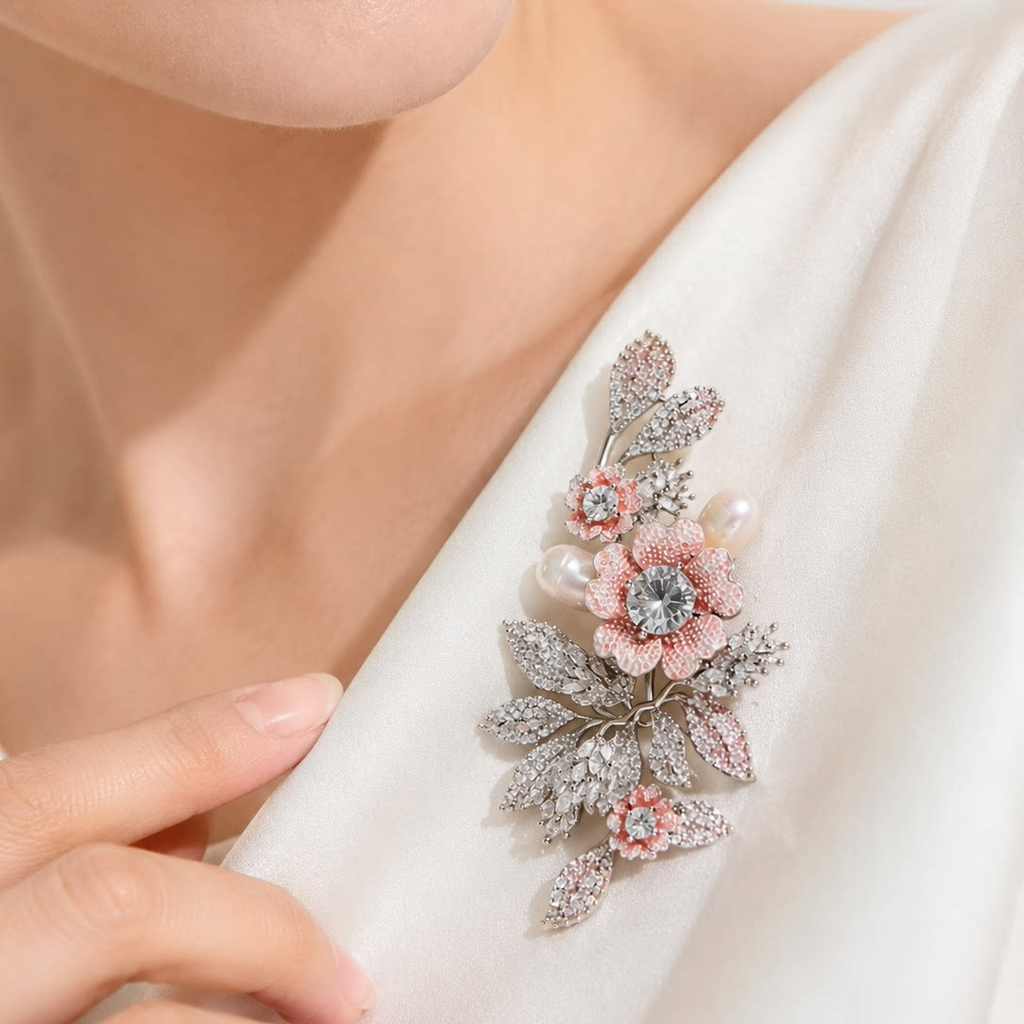 Pink Floral Pearl Branch Brooch