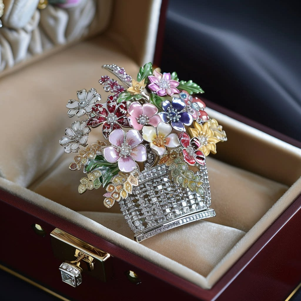 Colorful Enamel Flower Basket Brooch