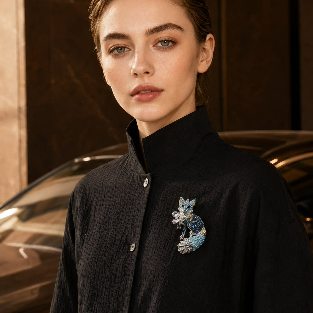 Blue Crystal Fox Brooch