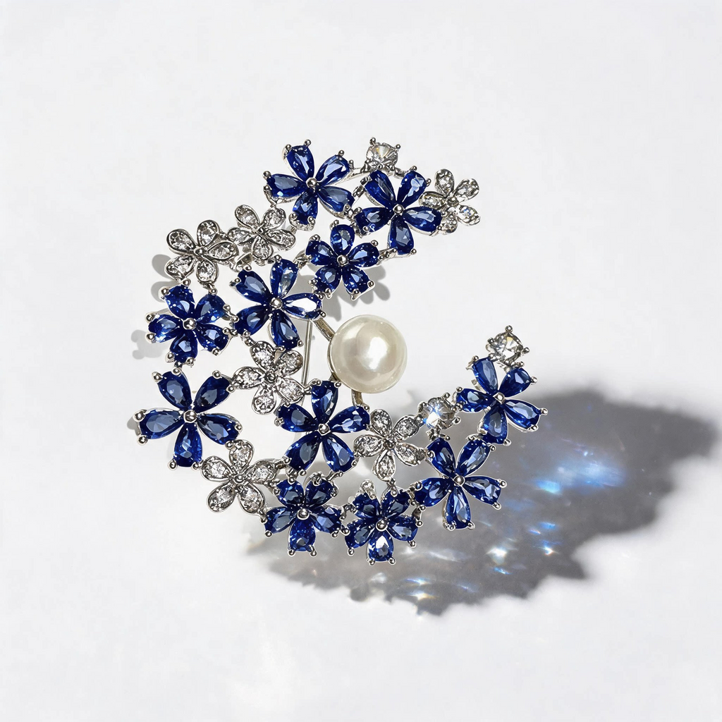 Sapphire Blue C-Shaped Flower Pearl Brooch