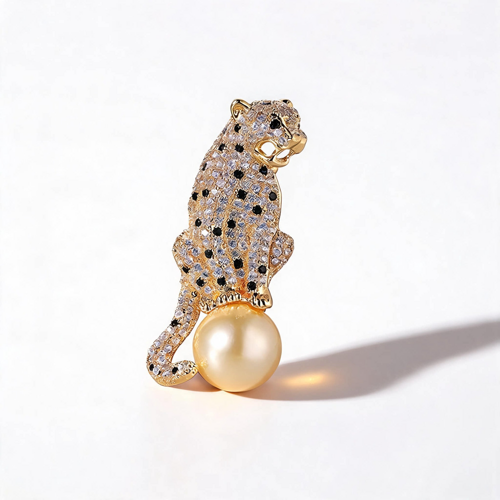 Golden Leopard Pearl Brooch