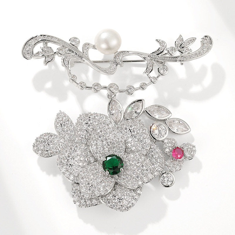 Silver Pavé Crystal Camellia Pearl Brooch