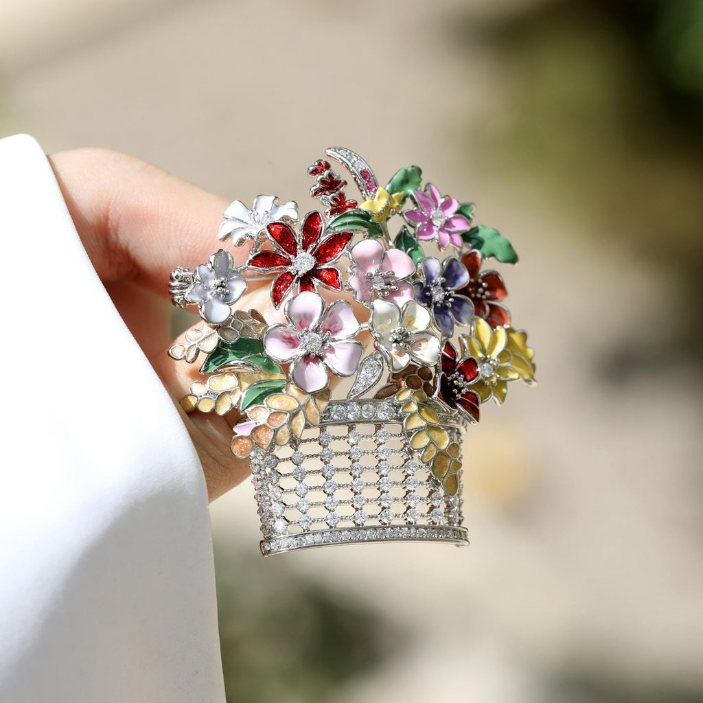 Colorful Enamel Flower Basket Brooch