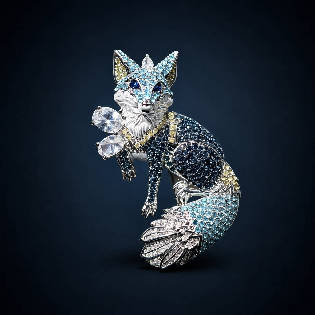 Blue Crystal Fox Brooch