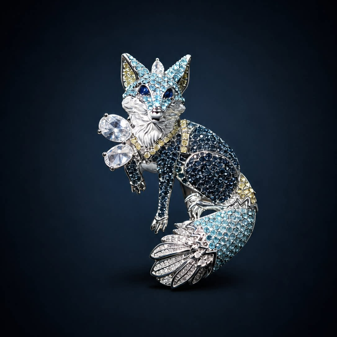 Blue Crystal Fox Brooch