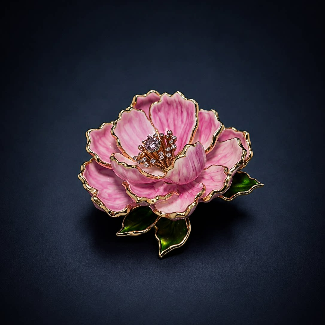 Pink Enamel Peony Brooc